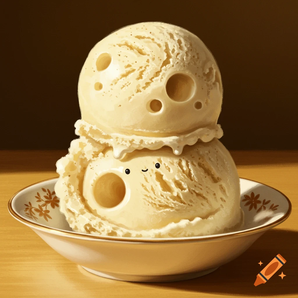 Two scoops of vanilla ice cream with Swiss cheese-like holes, one with a smiling face, in a decorative bowl.