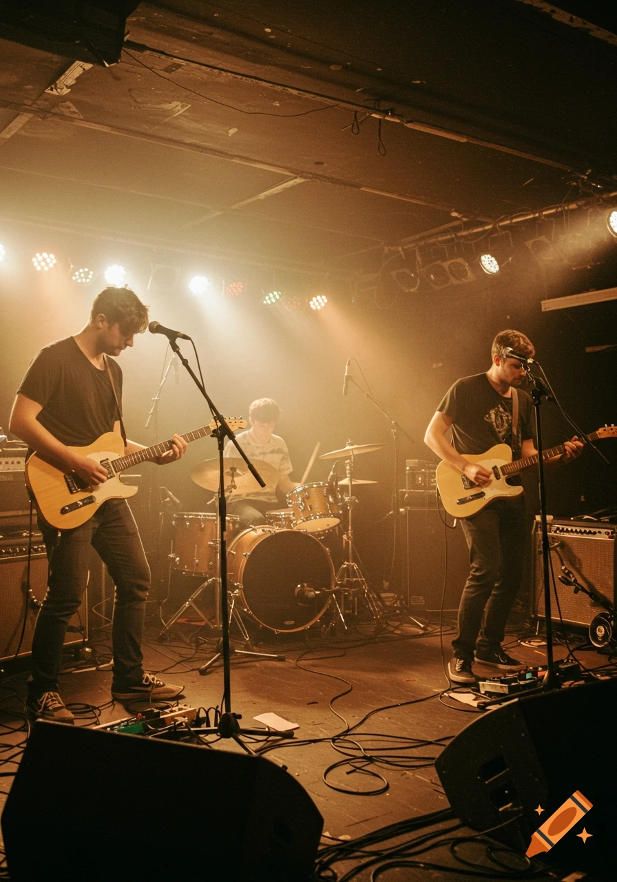 A band performs on a dimly lit stage with guitars and drums, bathed in warm spotlights.