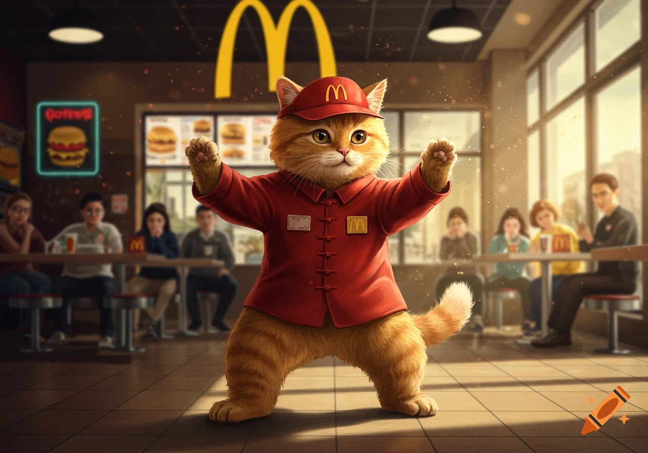 An anthropomorphic orange cat in a red McDonald's uniform stands in the center of a restaurant with its arms raised, as if doing tai chi. Customers are blurred in the background.