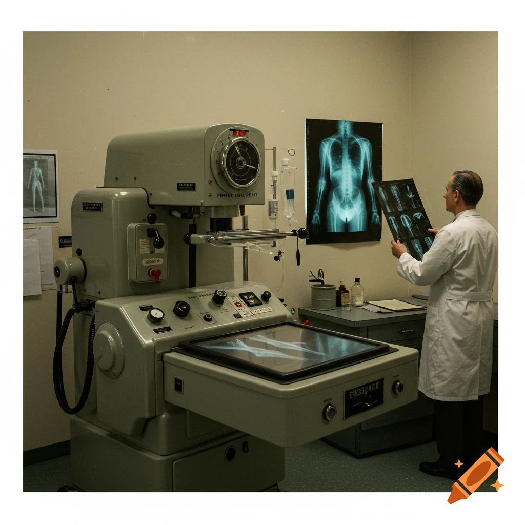 A retro-styled photo shows a doctor in a white coat holding x-rays, standing next to a large, vintage radiology machine.