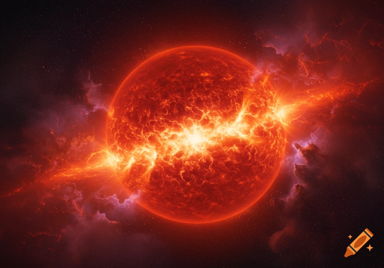 A vibrant red supergiant star with intense energy bursts radiating from its surface, set against a dark, starry cosmic background with reddish nebulae.