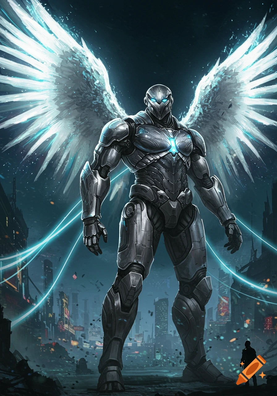 A large silver robotic suit with glowing white and blue energy wings stands in a dark, ruined futuristic city.