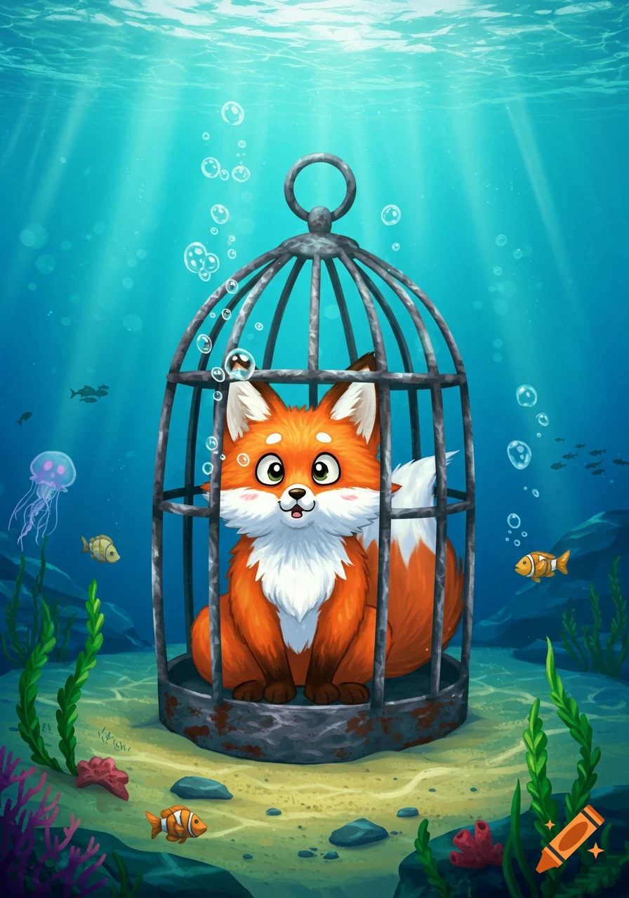 A cute cartoon fox inside a rusty cage on the seabed, surrounded by bubbles, fish, jellyfish, and seaweed.