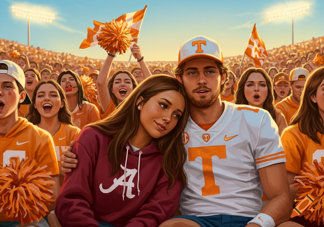 A couple at a football game. The boy in a white Tennessee Volunteers jersey and cap, and the girl in a maroon Alabama hoodie, surrounded by fans in orange.