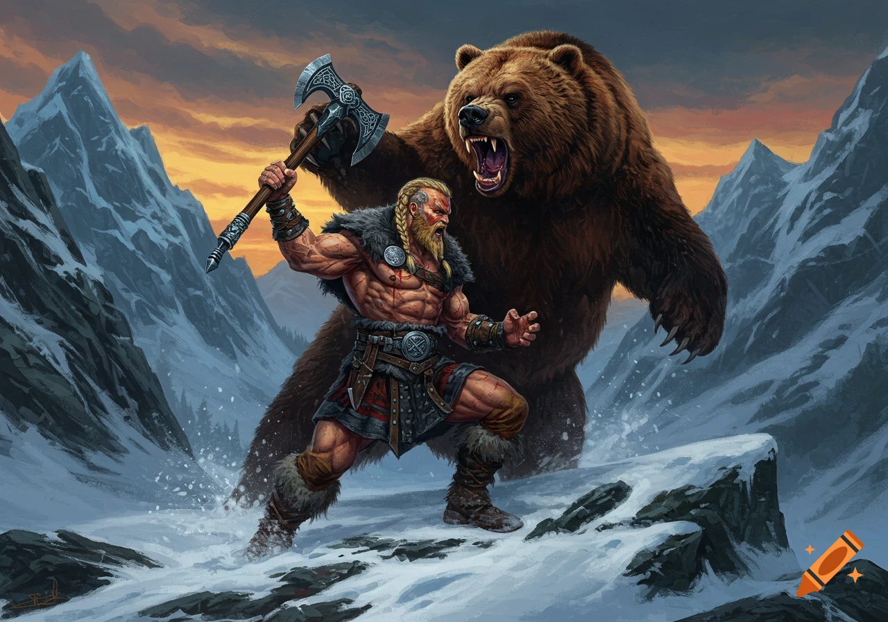 A muscular Viking warrior with an axe confronts a roaring grizzly bear in a snowy mountain landscape, painted in a dynamic fantasy style.
