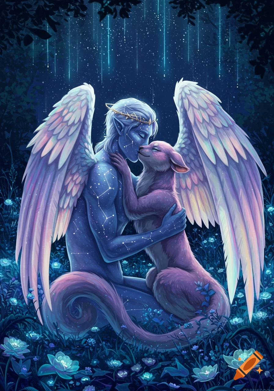 A celestial winged being with blue skin and constellations embracing a pink fox in a dark, glowing forest.
