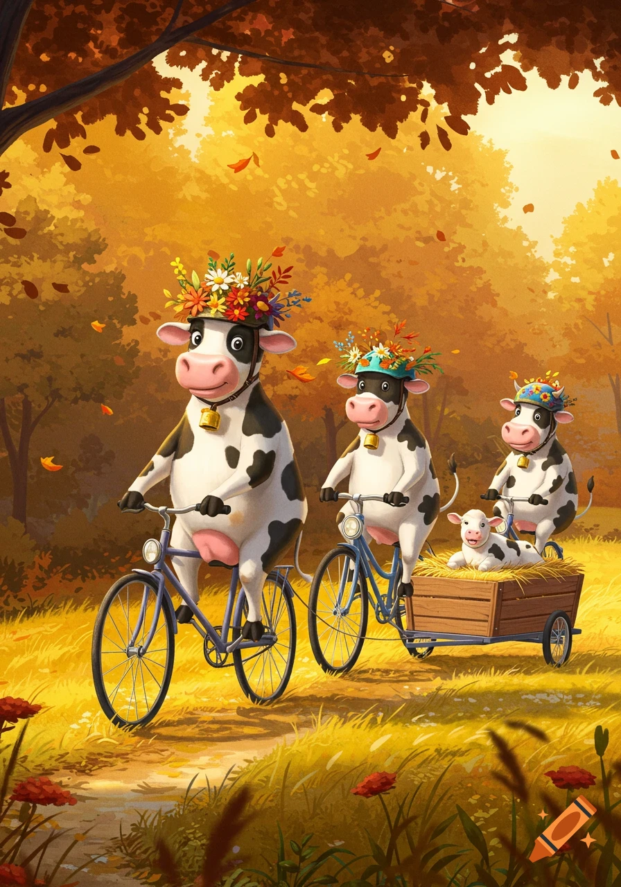Three whimsical cartoon cows ride bicycles down an autumn path, the last pulling a calf in a hay-filled wooden trailer.