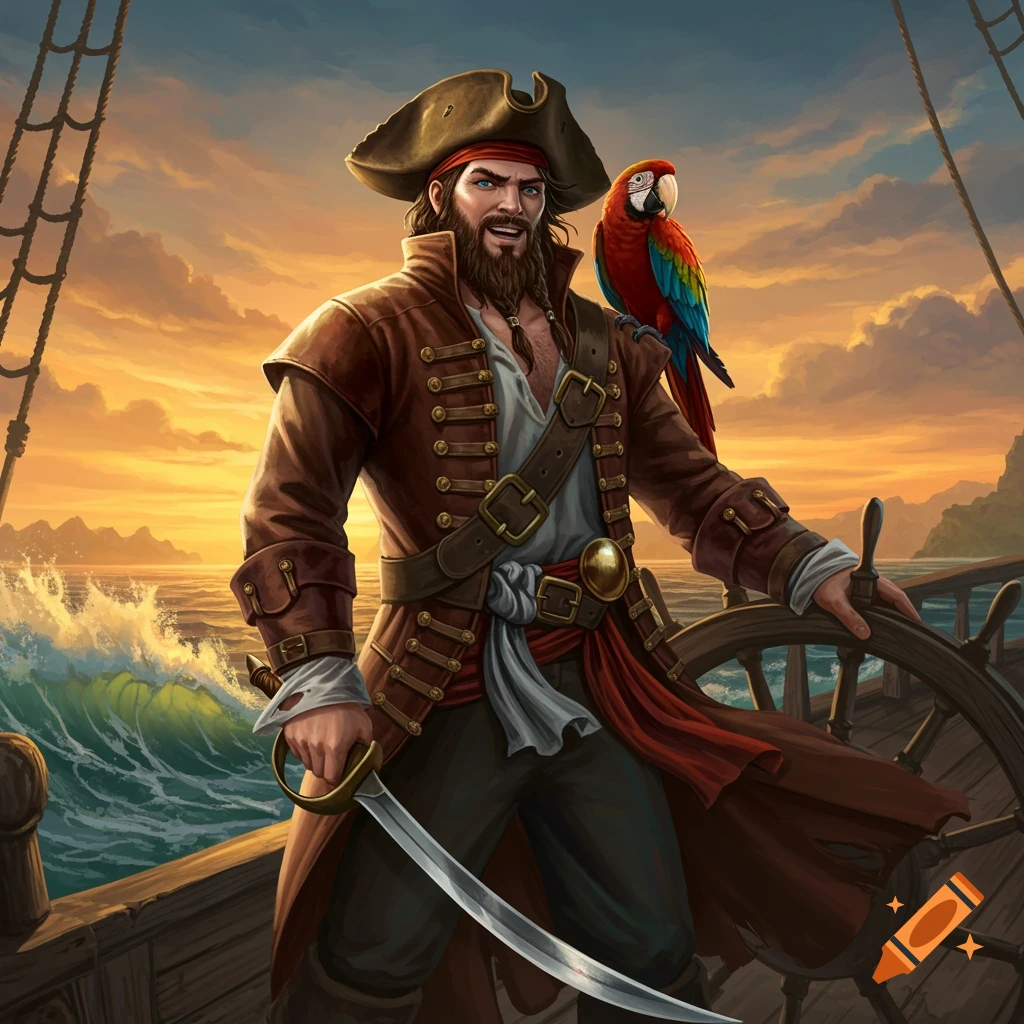 A bearded pirate in a brown coat stands on a ship deck with a parrot on his shoulder, holding a sword at sunset.