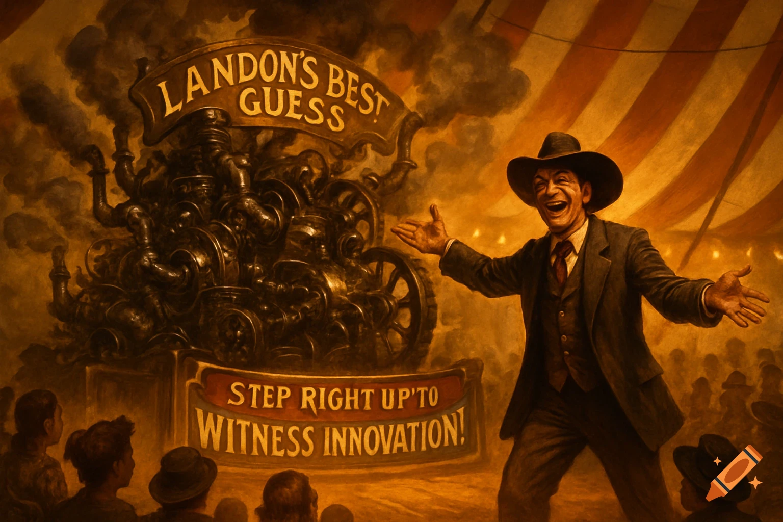 A laughing showman with arms outstretched presents a complex steampunk machine under a striped circus tent, with signs.