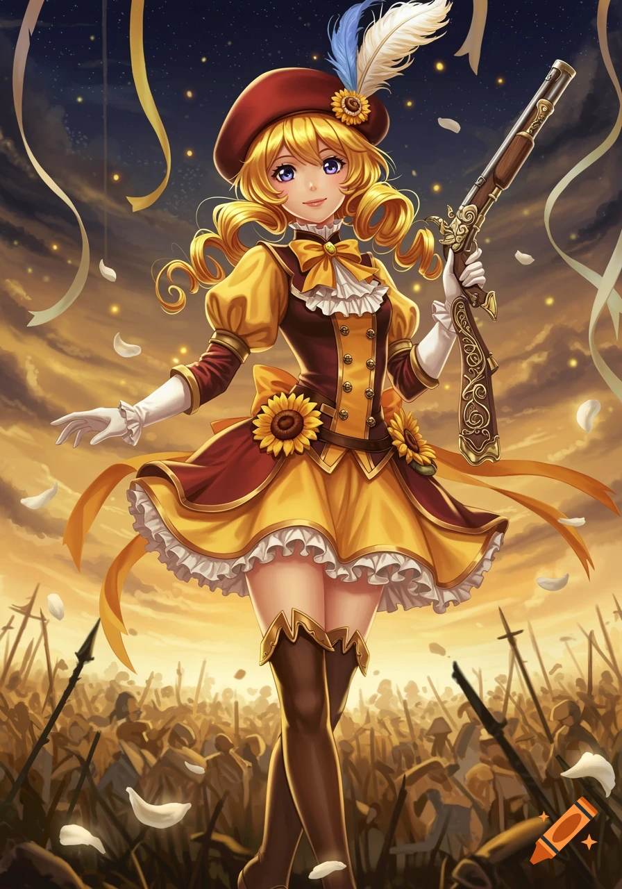 Anime girl in a yellow and red dress and feathered beret holding a rifle, standing over a battlefield at sunset with petals falling.