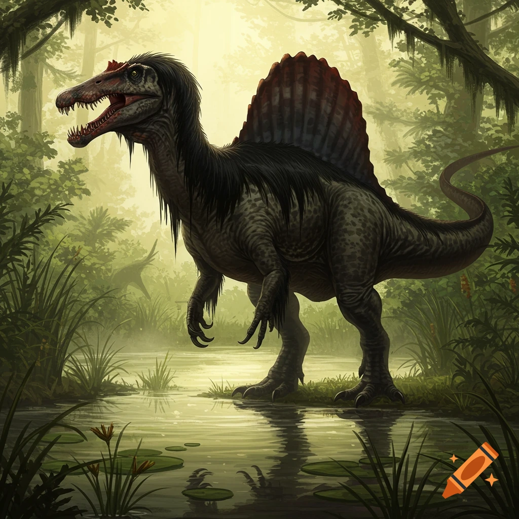 A Spinosaurus with long black hair stands in a misty, lush swamp with trees and water plants.