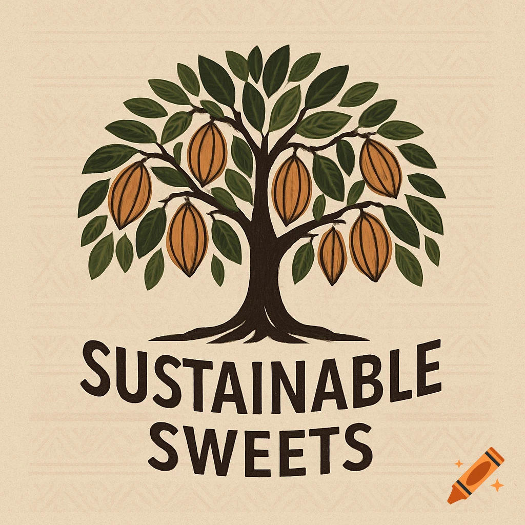 An illustration of a cacao tree with green leaves and orange pods, above the text 'SUSTAINABLE SWEETS', on a light beige background.