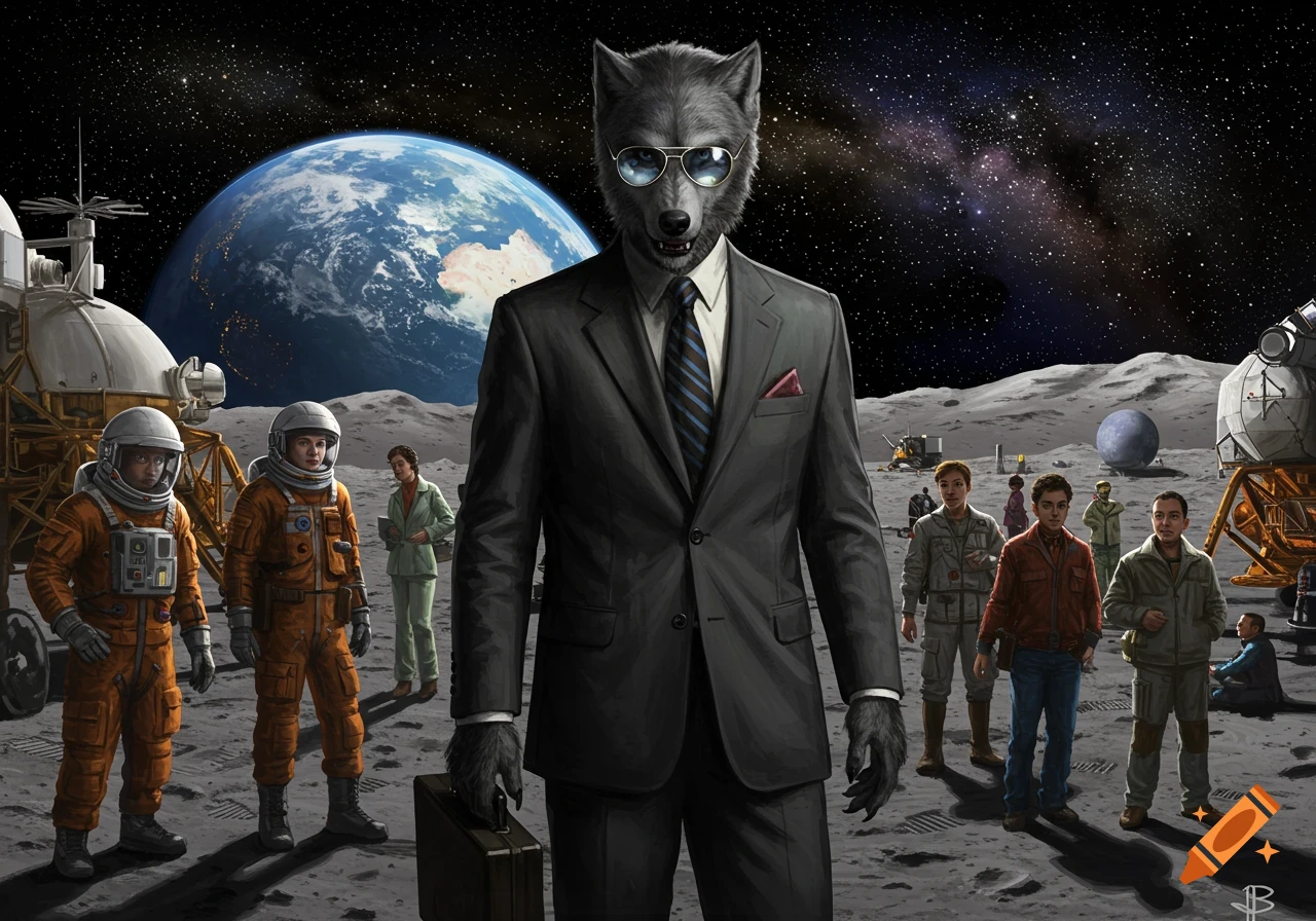 A wolf-headed figure in a suit stands on the moon with humans and lunar modules, Earth in the background.