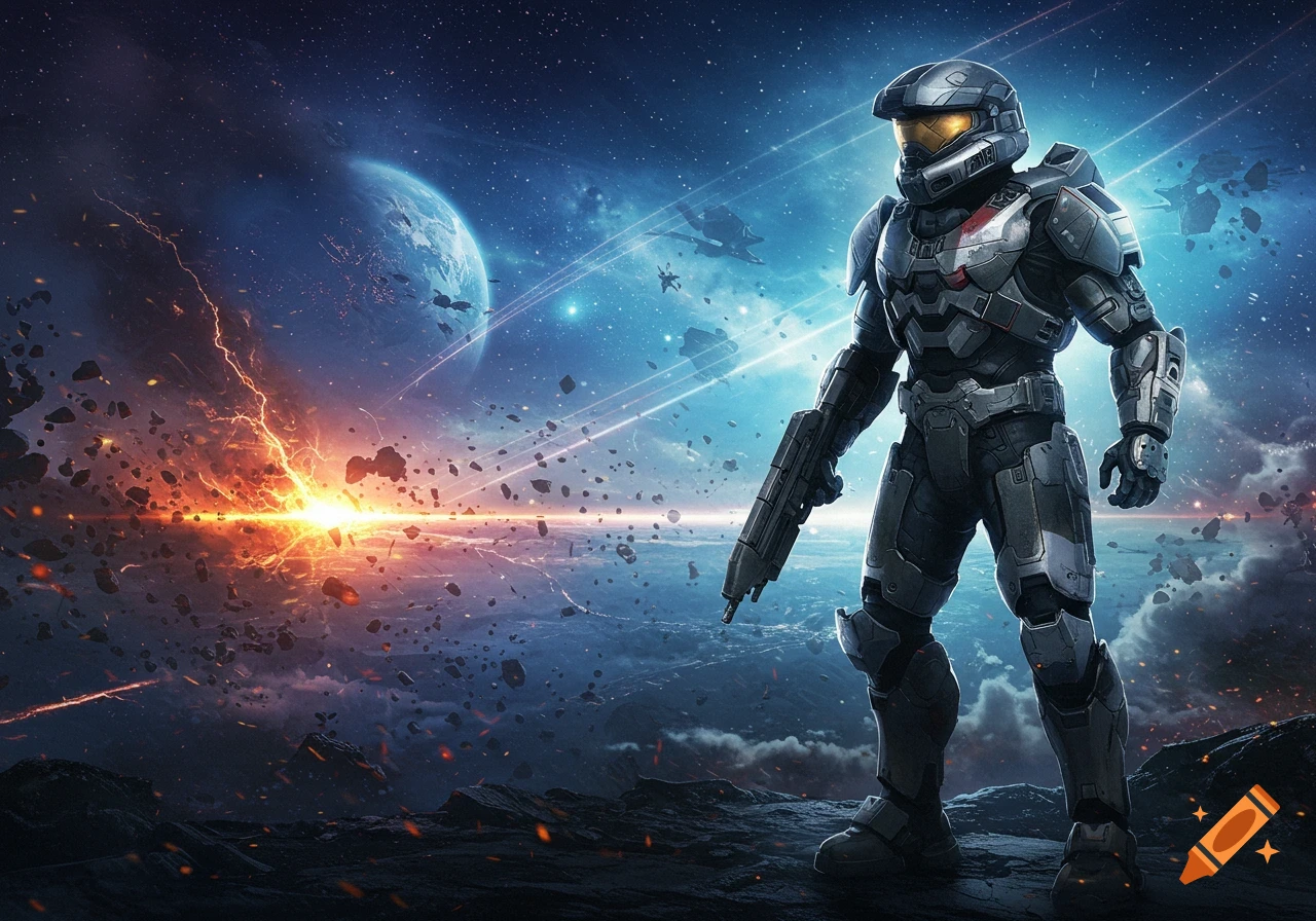 A futuristic armored soldier stands on a rocky alien surface under a starry sky with a large planet and a fiery explosion in the distance.