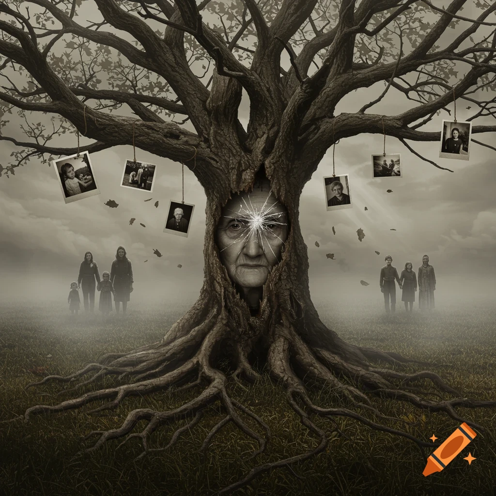 A large gnarled tree with an old face in its trunk, sepia-toned photos hang from branches, and misty figures stand in the background.