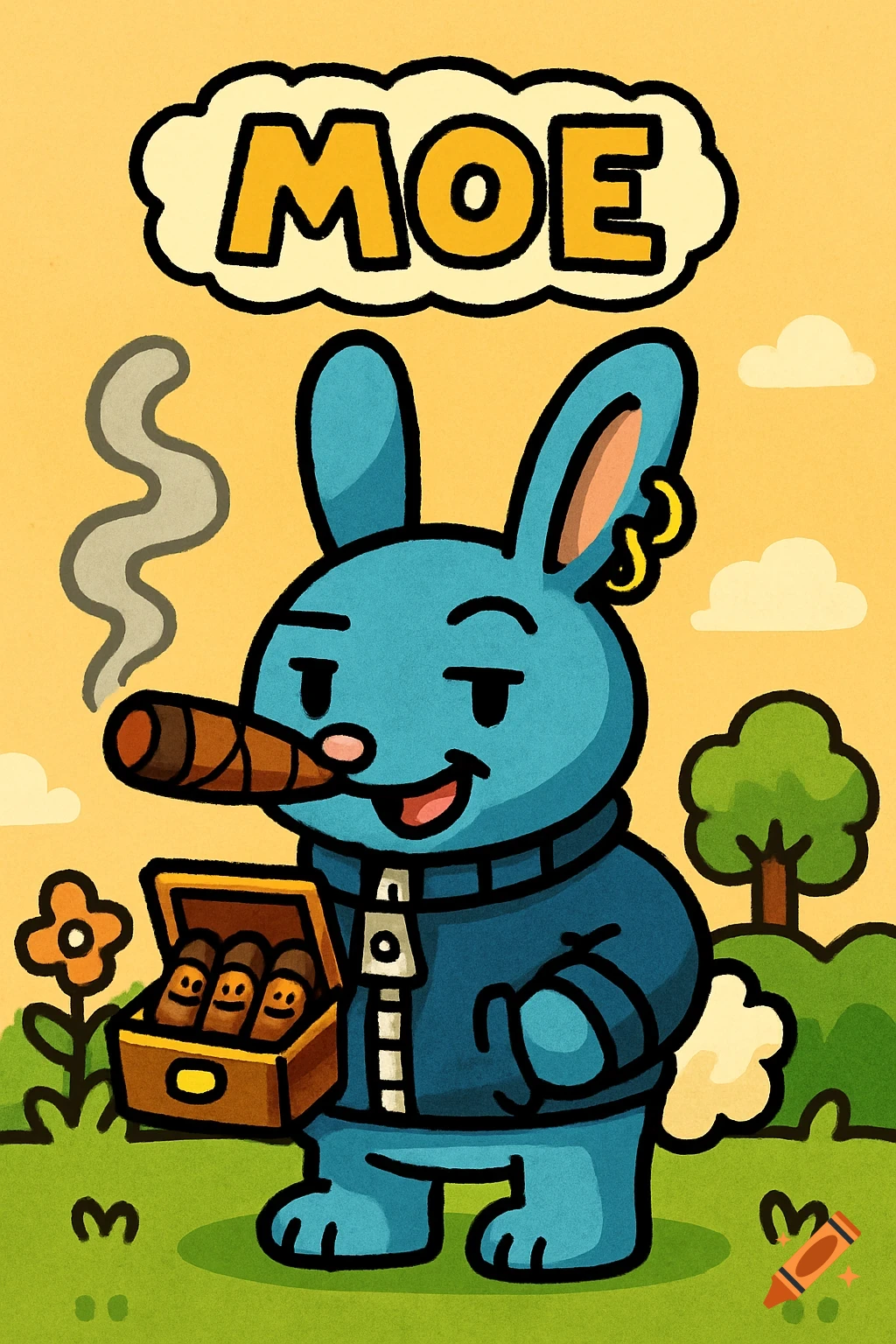 A 2D cartoon illustration of a blue bunny smoking a cigar, holding a box of cigars, with the name 'MOE' above its head.