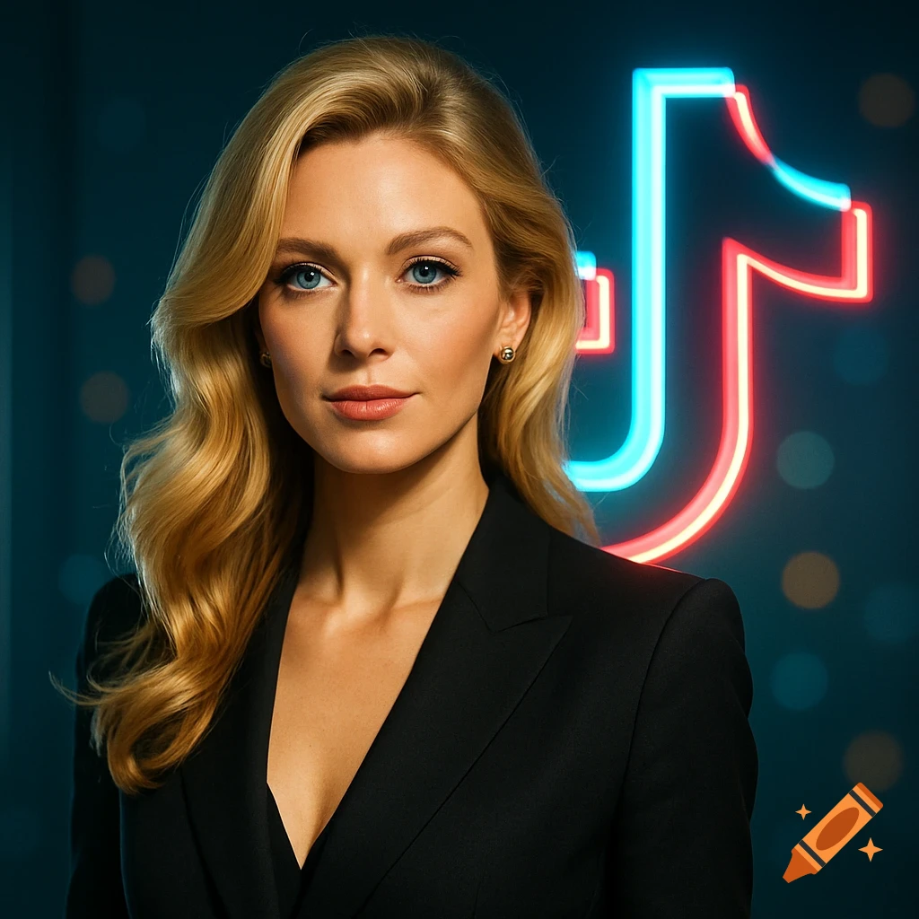 A blonde woman in a black suit with a glowing neon red and blue TikTok logo behind her.