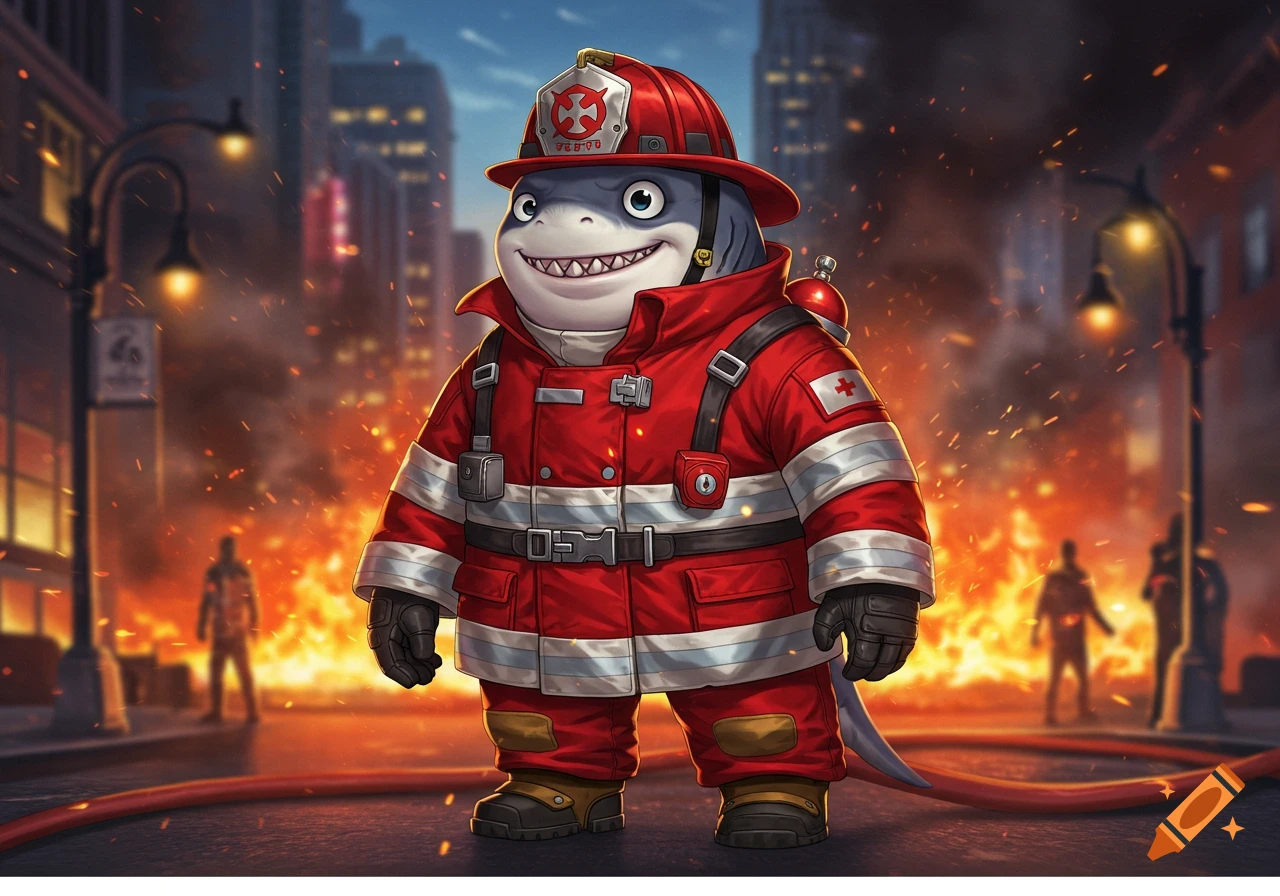 A cartoon shark character wearing a red firefighter costume stands on a city street with fires burning in the background.