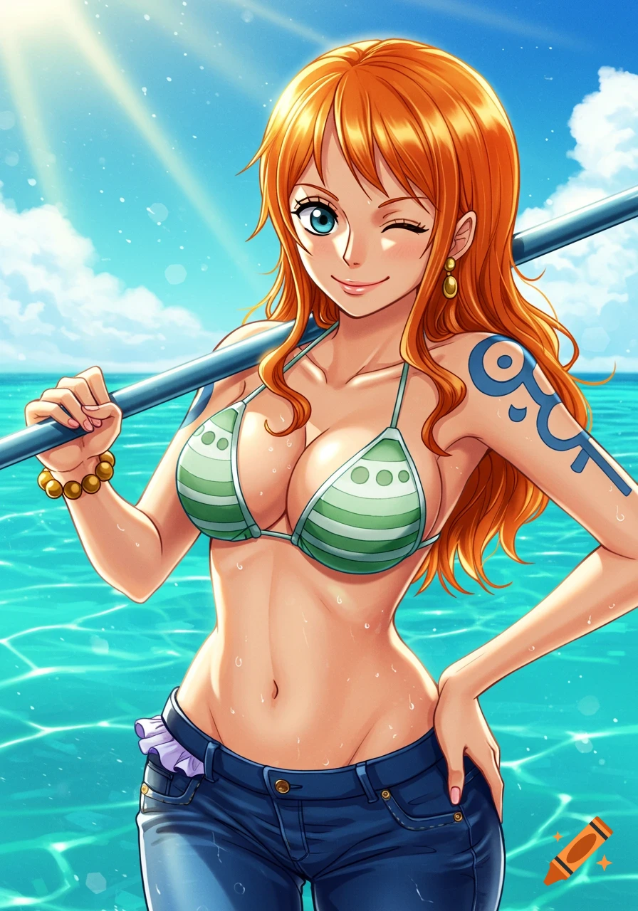 Anime character Nami from One Piece, with orange hair, winks while holding a pole in clear blue water on a sunny day.
