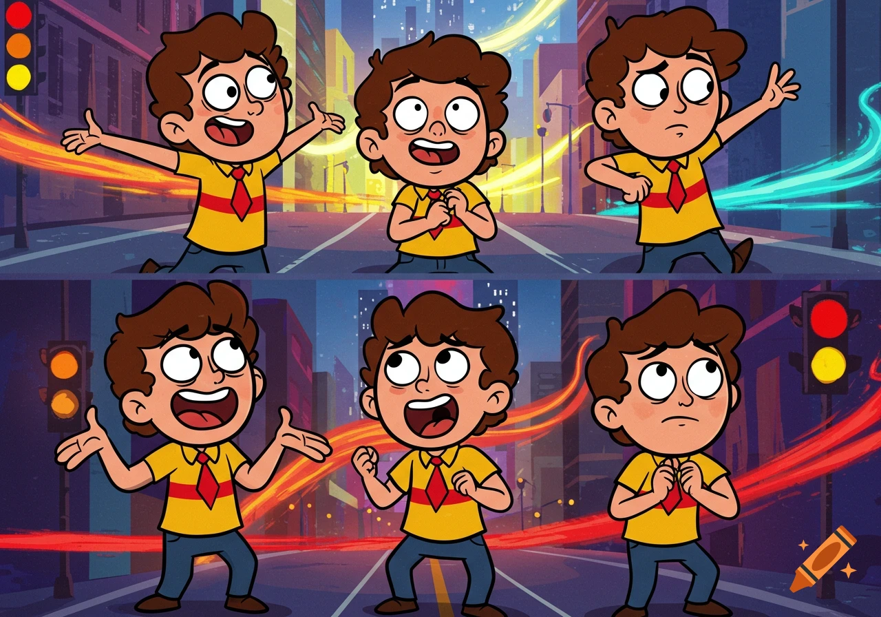 A cartoon boy in a yellow and red striped shirt and blue pants poses in six frames on a city street at dusk. He looks upward with various expressions, from excited to thoughtful.