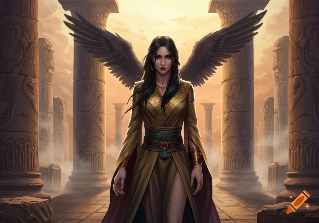 A dark-haired woman with large black wings stands among ancient columns at sunset, wearing a golden and teal outfit.