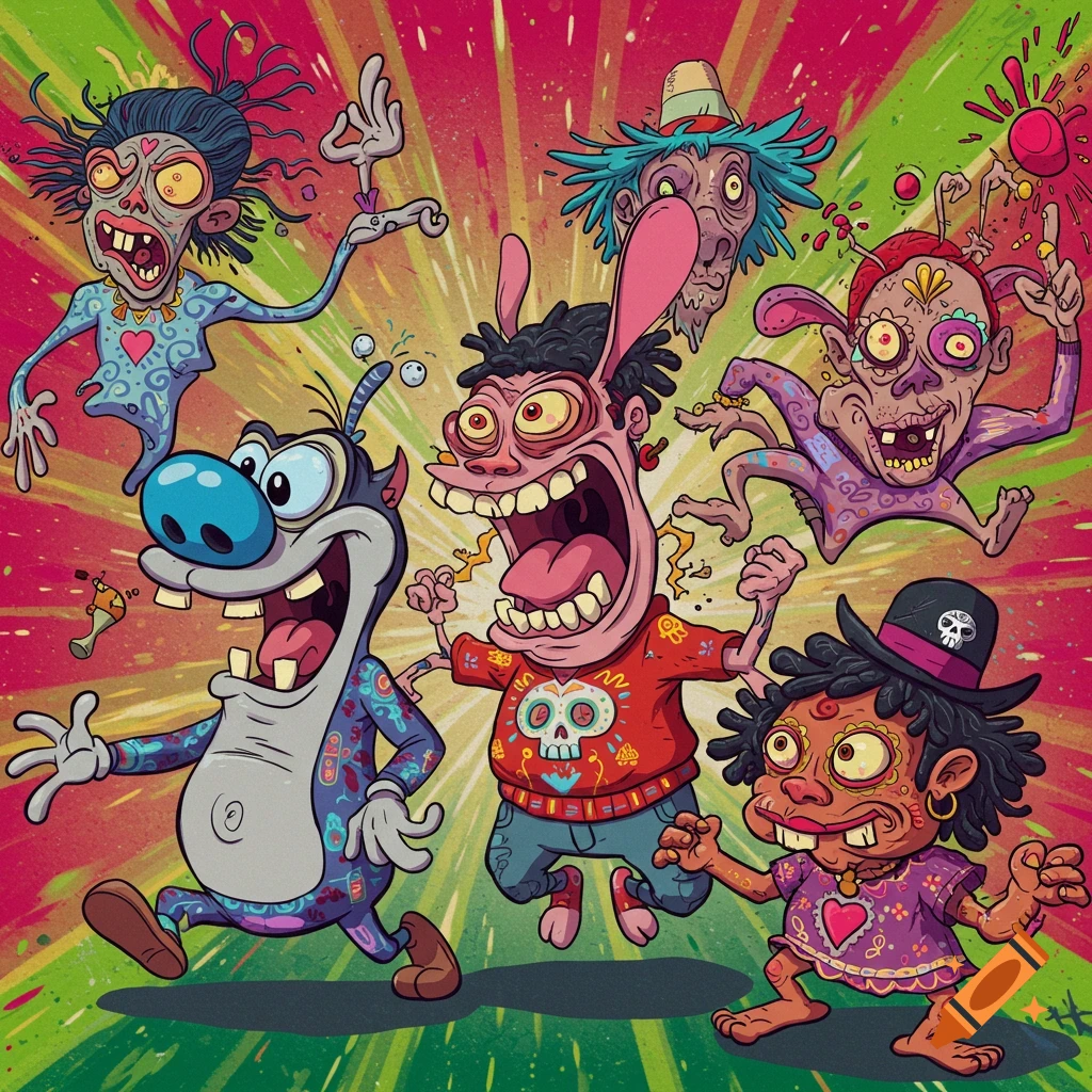 A group of grotesque, colorful cartoon mutant characters with exaggerated features, in a style reminiscent of Ren and Stimpy and Chicano art.