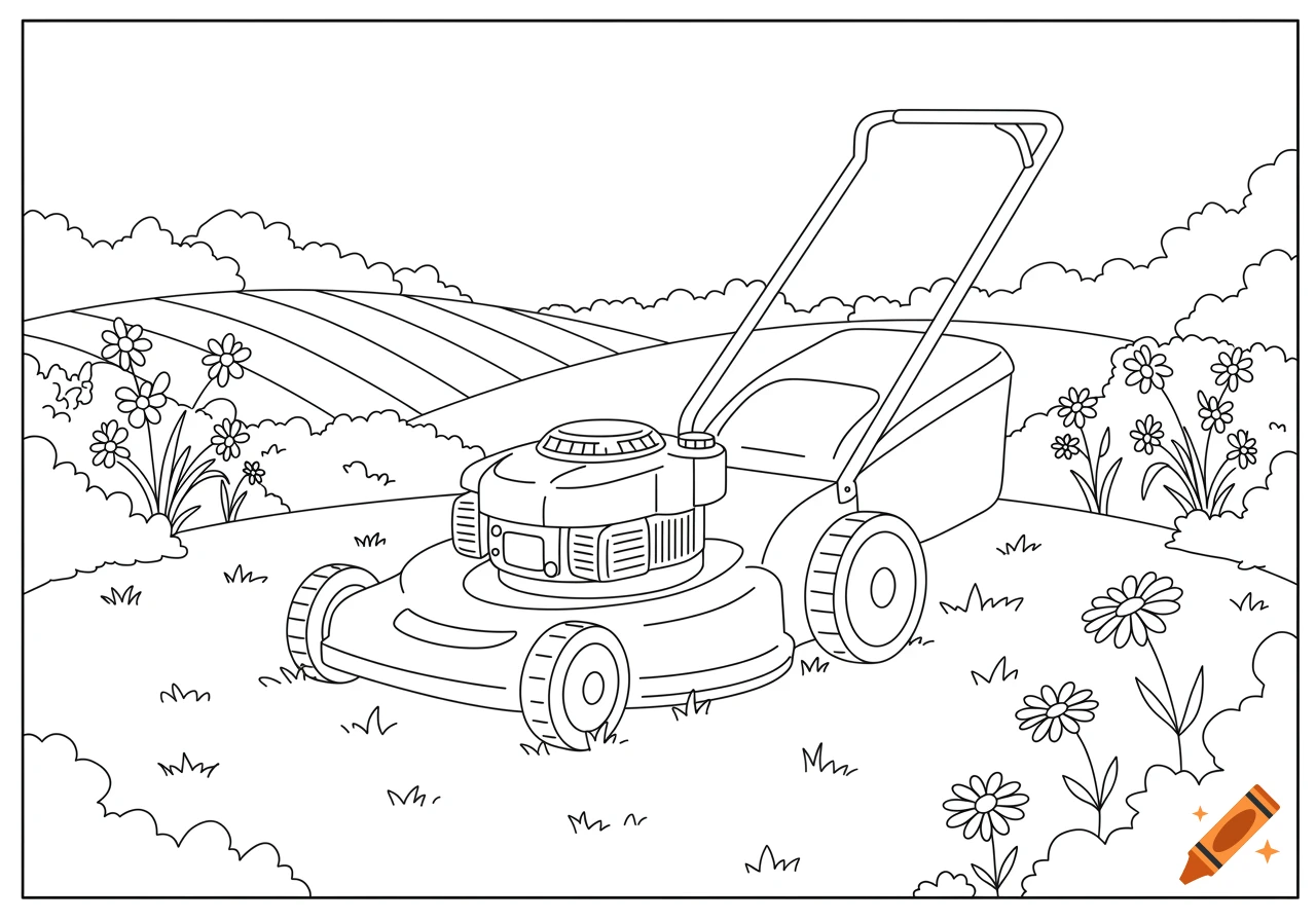 Line art coloring page of a lawnmower in a garden with flowers and hills.