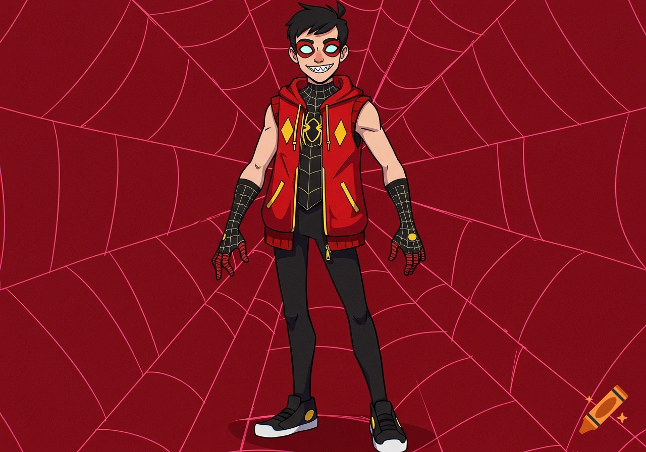 A stylized cartoon superhero character with short black hair, glowing red eyes, fangs, and a mischievous grin, wears a red and black spider-themed outfit with a red hoodie vest, black gloves, and sneakers, standing against a red background with pink spiderwebs.
