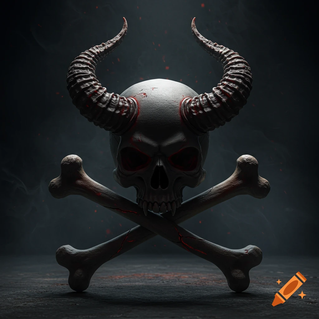 A detailed skull with large curved horns and glowing red eyes sits above crossed bones on a dark, smoky background.