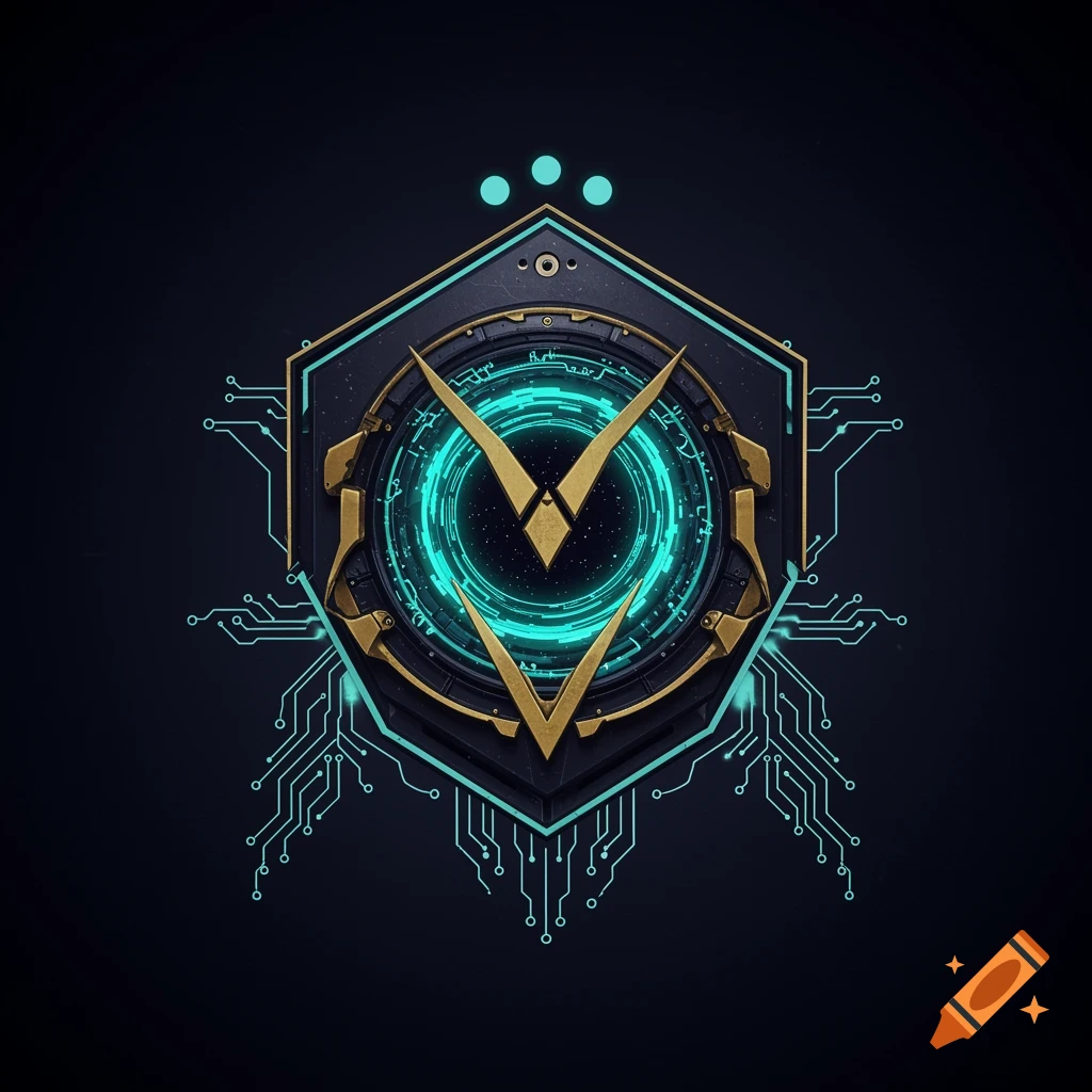 A futuristic hexagonal emblem with a gold stylized V, teal glowing circuitry, and concentric rings on a dark background.