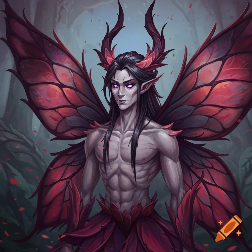 A tall, slender male fantasy character with pale skin, long black hair, purple eyes, red horns, and large red butterfly wings, stands in a dark forest.