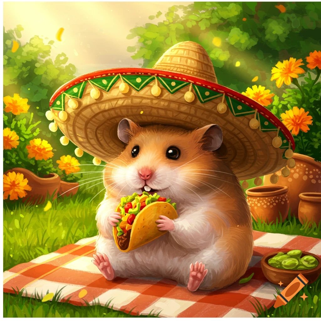 Cute hamster wearing a sombrero, sitting on a picnic blanket and eating a taco in a sunny garden.