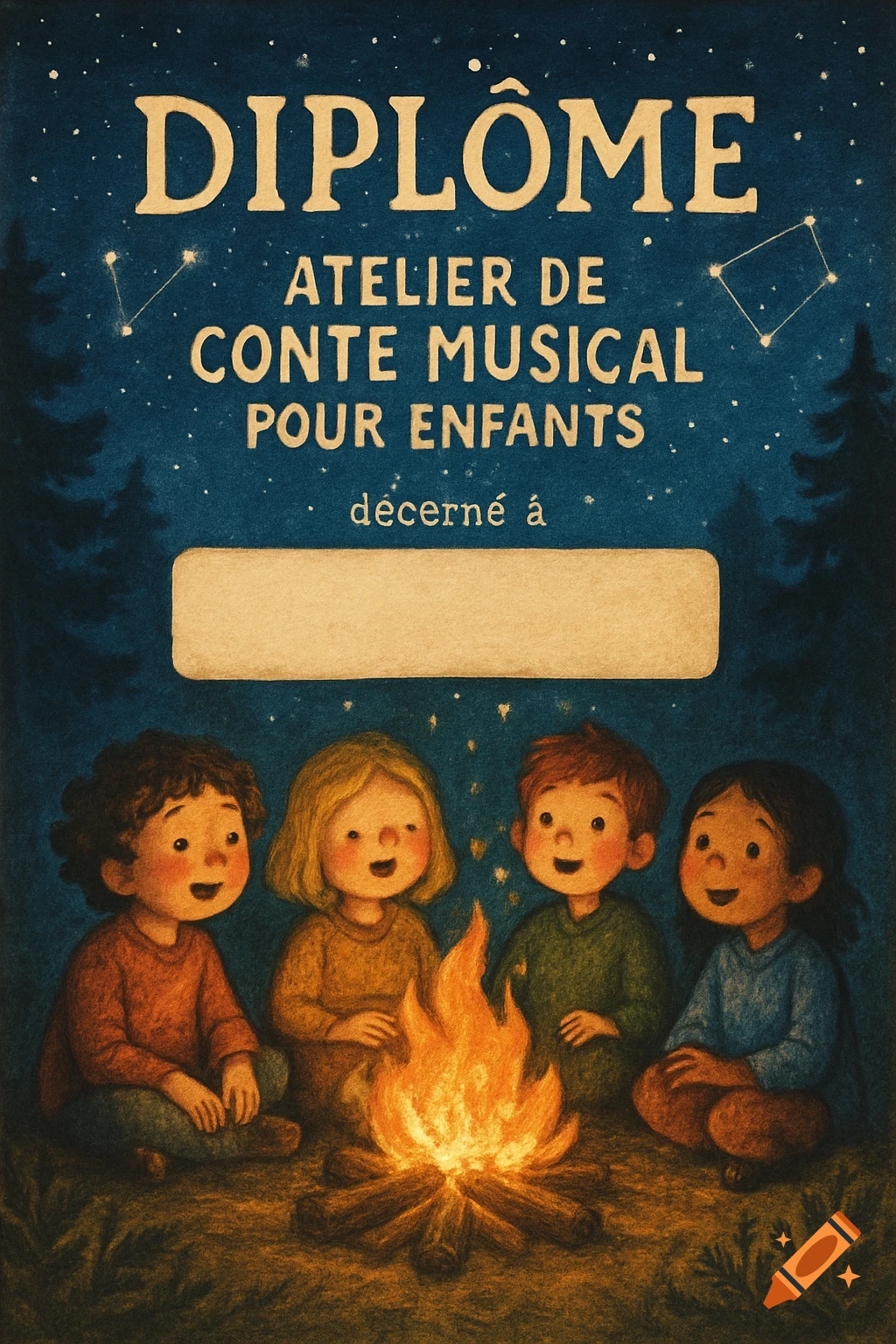 Illustrated diploma for a musical storytelling workshop for children, featuring kids around a campfire under a starry night sky.