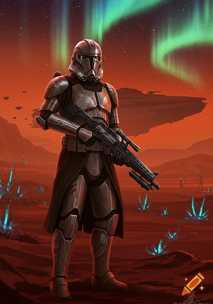 A Star Wars Galactic Marine stands on a red alien planet with glowing blue plants, an aurora in the sky, and a large spaceship in the background.