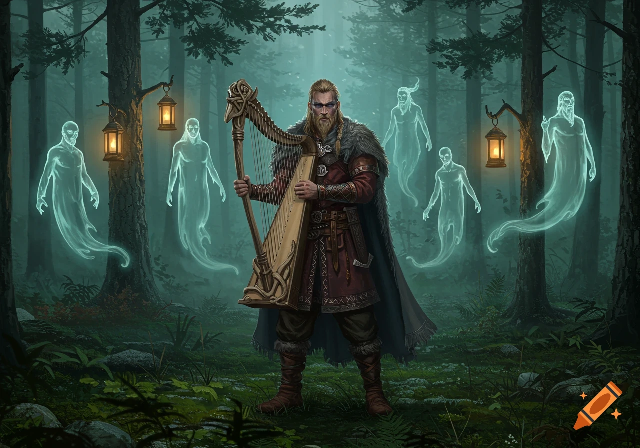 A Viking bard with a beard plays a harp, surrounded by glowing spirits in a misty, dark forest with lanterns.