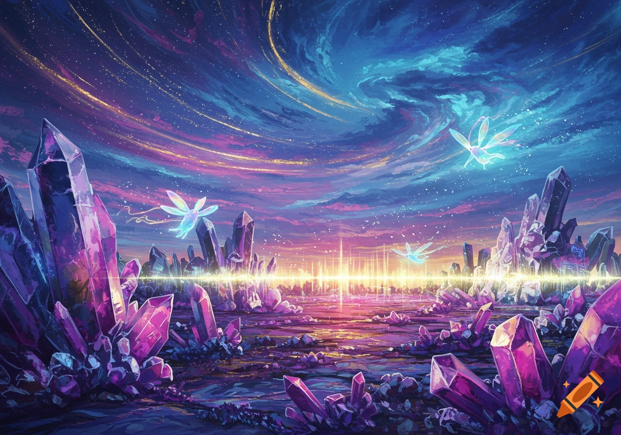 A vibrant fantasy landscape with large glowing purple crystals, glowing fairy-like creatures, and a swirling pink, purple, and blue sky.
