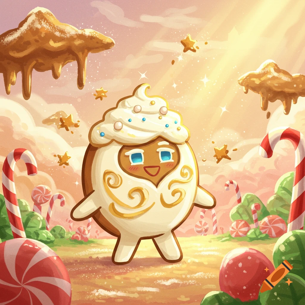 A cute, cartoon gingerbread cookie character with white frosting and gold swirls stands in a whimsical candy land at sunrise.
