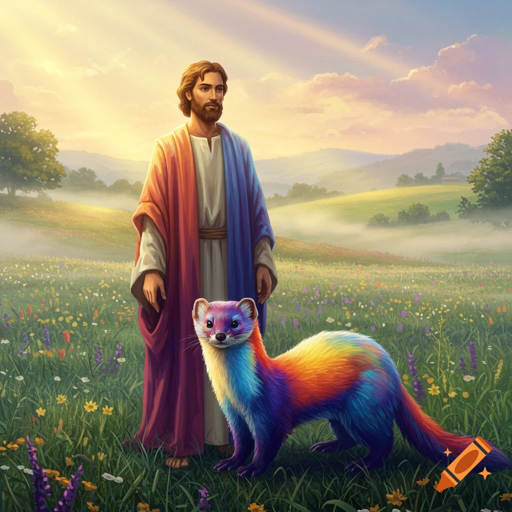 Jesus stands in a colorful field next to a rainbow-colored stoat under a glowing sky.