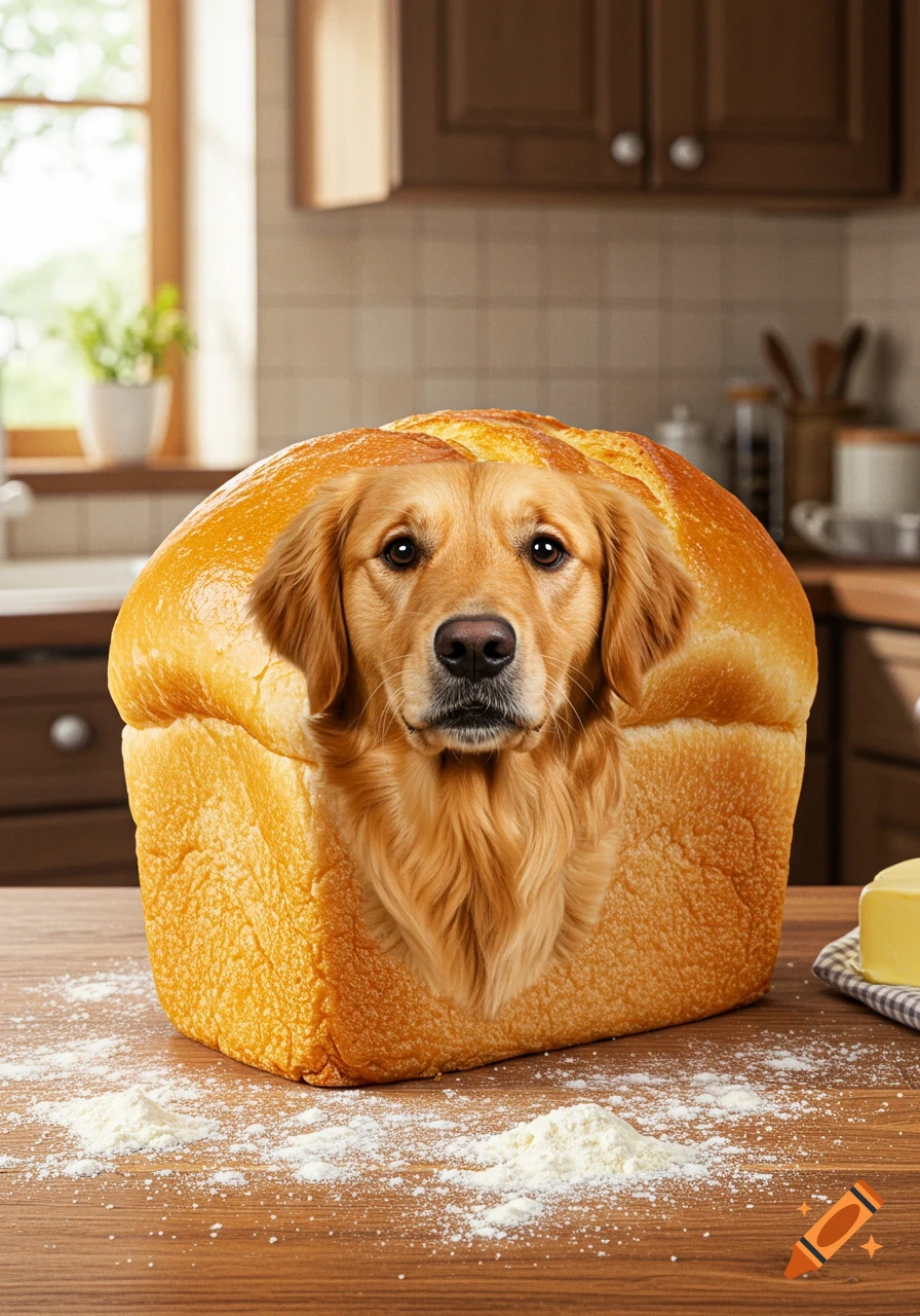 A golden retriever's head emerges from a loaf of bread on a kitchen counter with flour and butter, photorealistic.