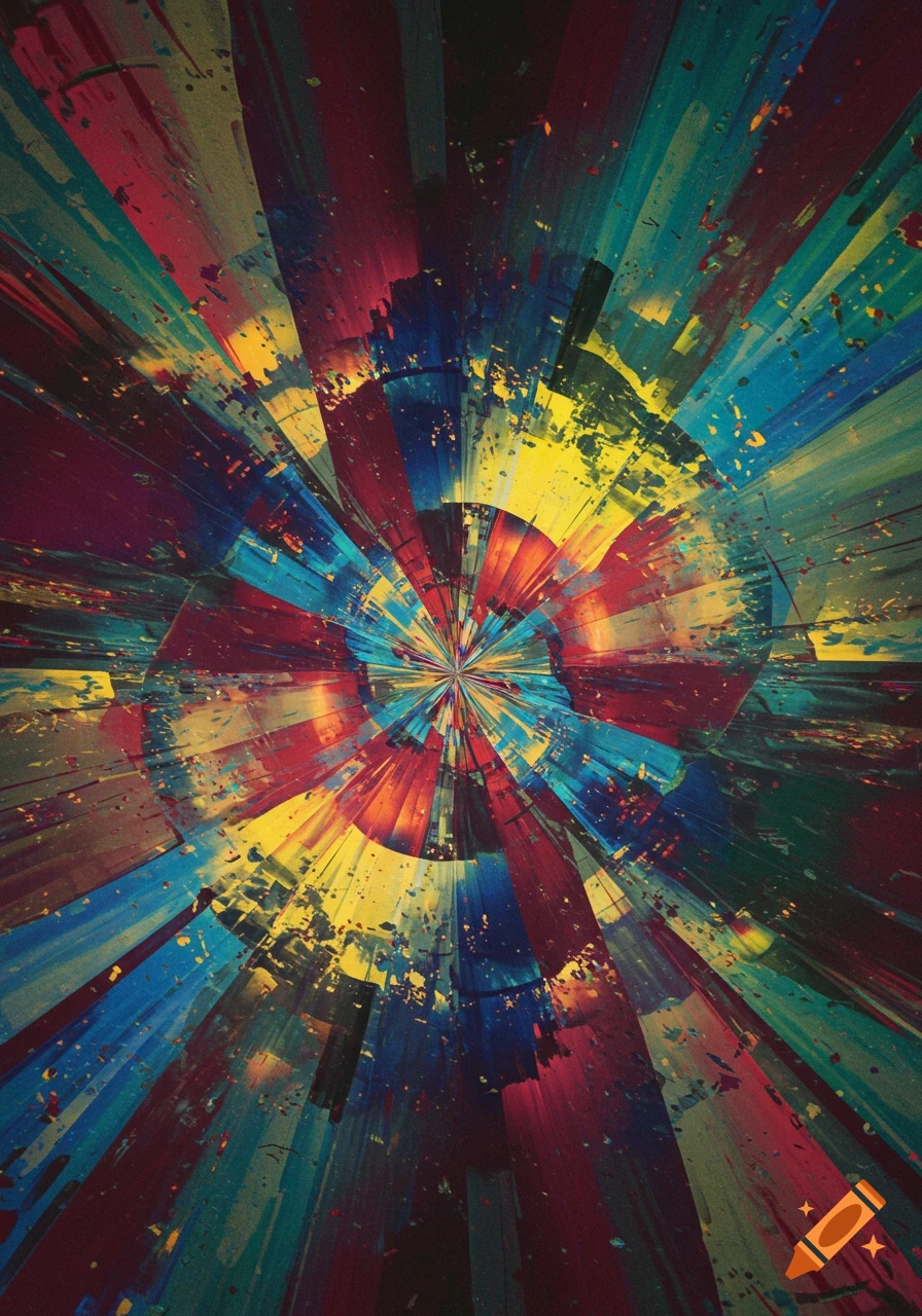 An abstract radial burst of red, blue, yellow, and green colors with a textured, painterly appearance.