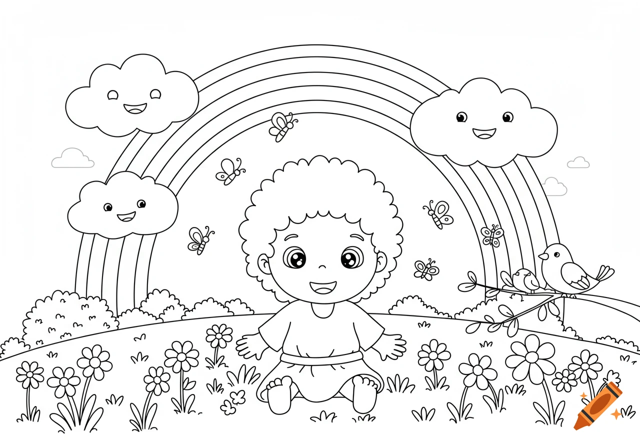 Black and white coloring page of a happy baby sitting in a field of flowers under a rainbow with smiling clouds, butterflies, and birds.