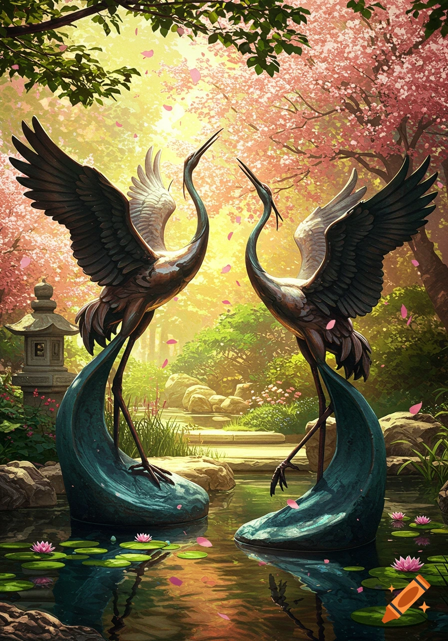 Two artistic crane statues stand in a vibrant Japanese garden with cherry blossoms falling onto a lily pond.