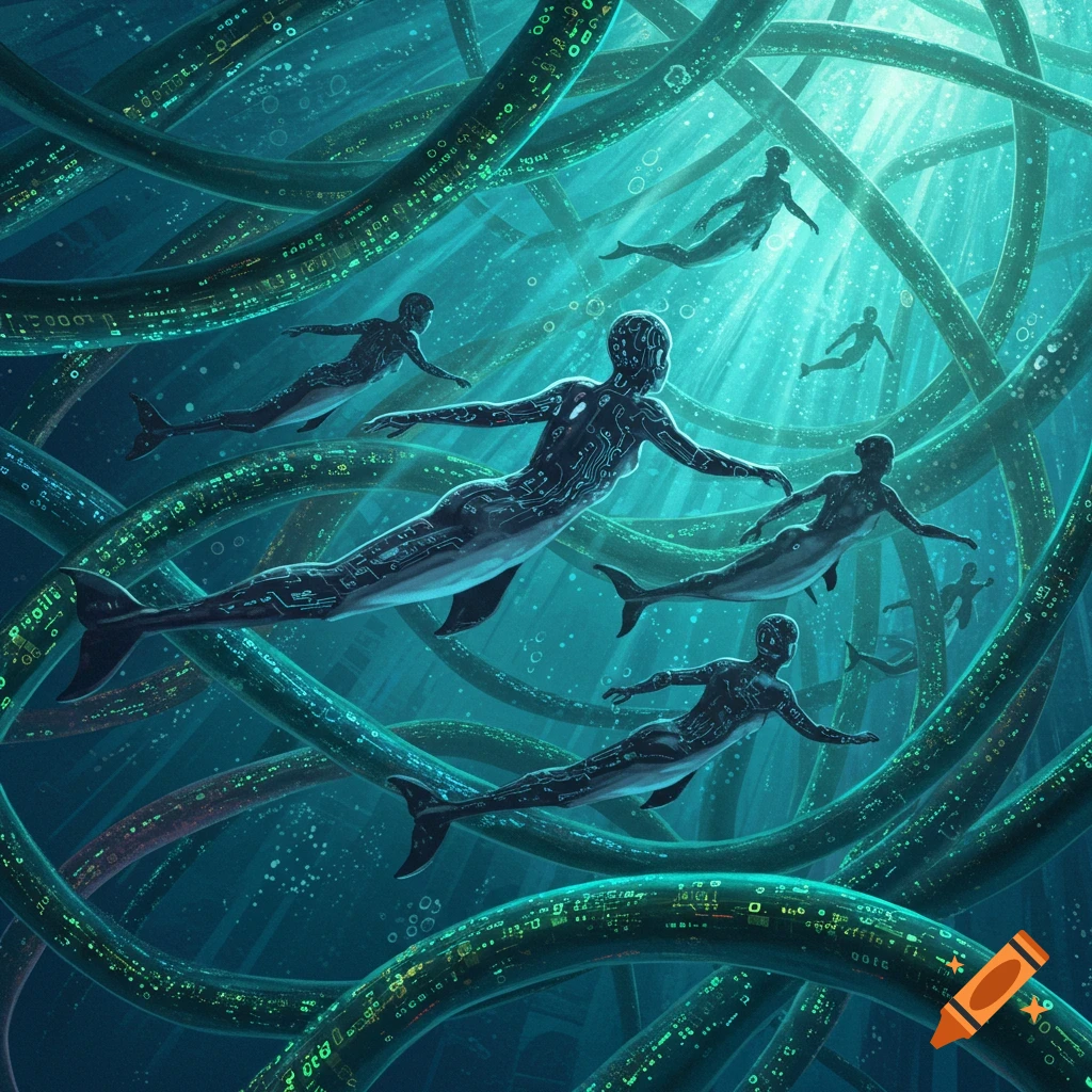 Cybernetic half-human, half-dolphin creatures swimming through glowing data tubes in a deep blue underwater environment with light beams from above.