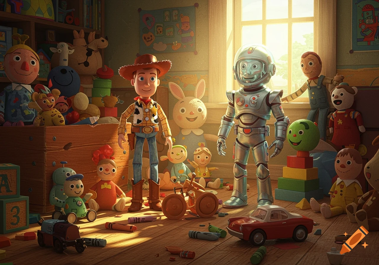CGI-style image of toy figures, including a cowboy and a robot, in a child's room filled with assorted toys and sunlight.