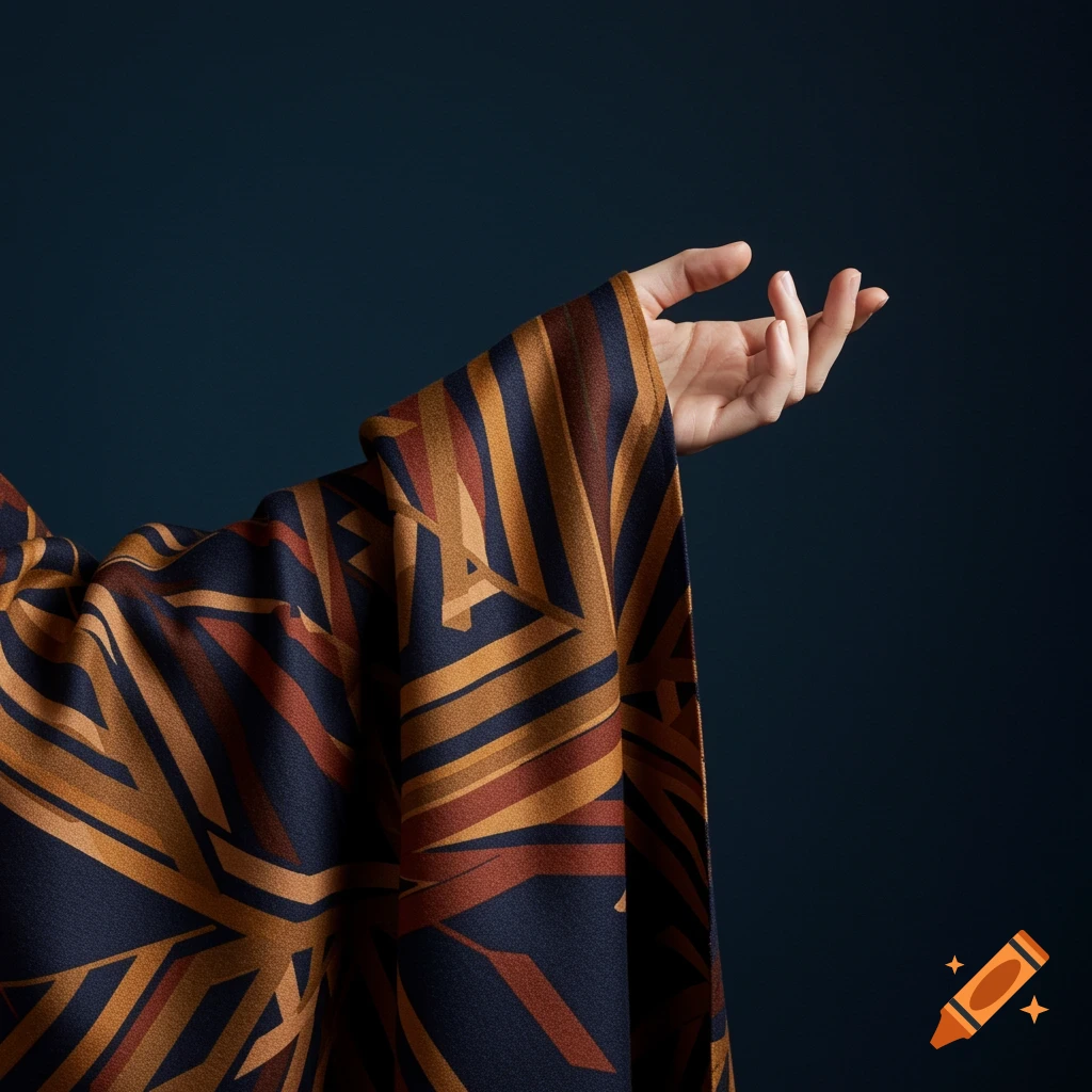 A hand draped in a rich, dark blue fabric with bold geometric patterns in gold and rust colors against a dark background.