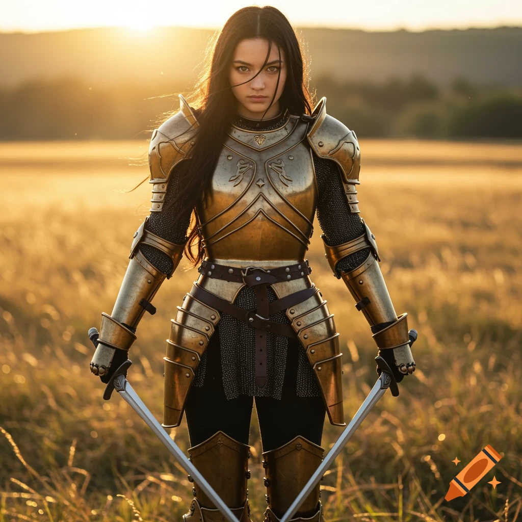 A young woman in golden armor holds two swords in a sunlit field.
