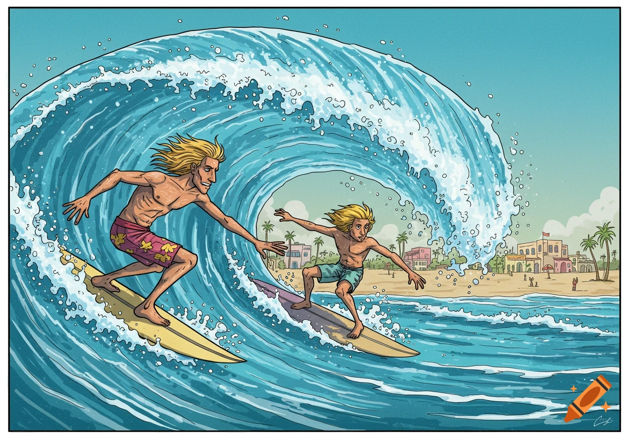 A cartoon illustration of two surfers with long blonde hair riding a large blue ocean wave, with a beach and town in the background.