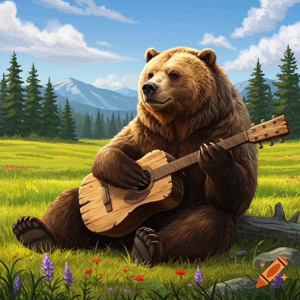 A brown grizzly bear sits in a grassy field, playing a rustic wooden guitar, with mountains and pine trees in the background.