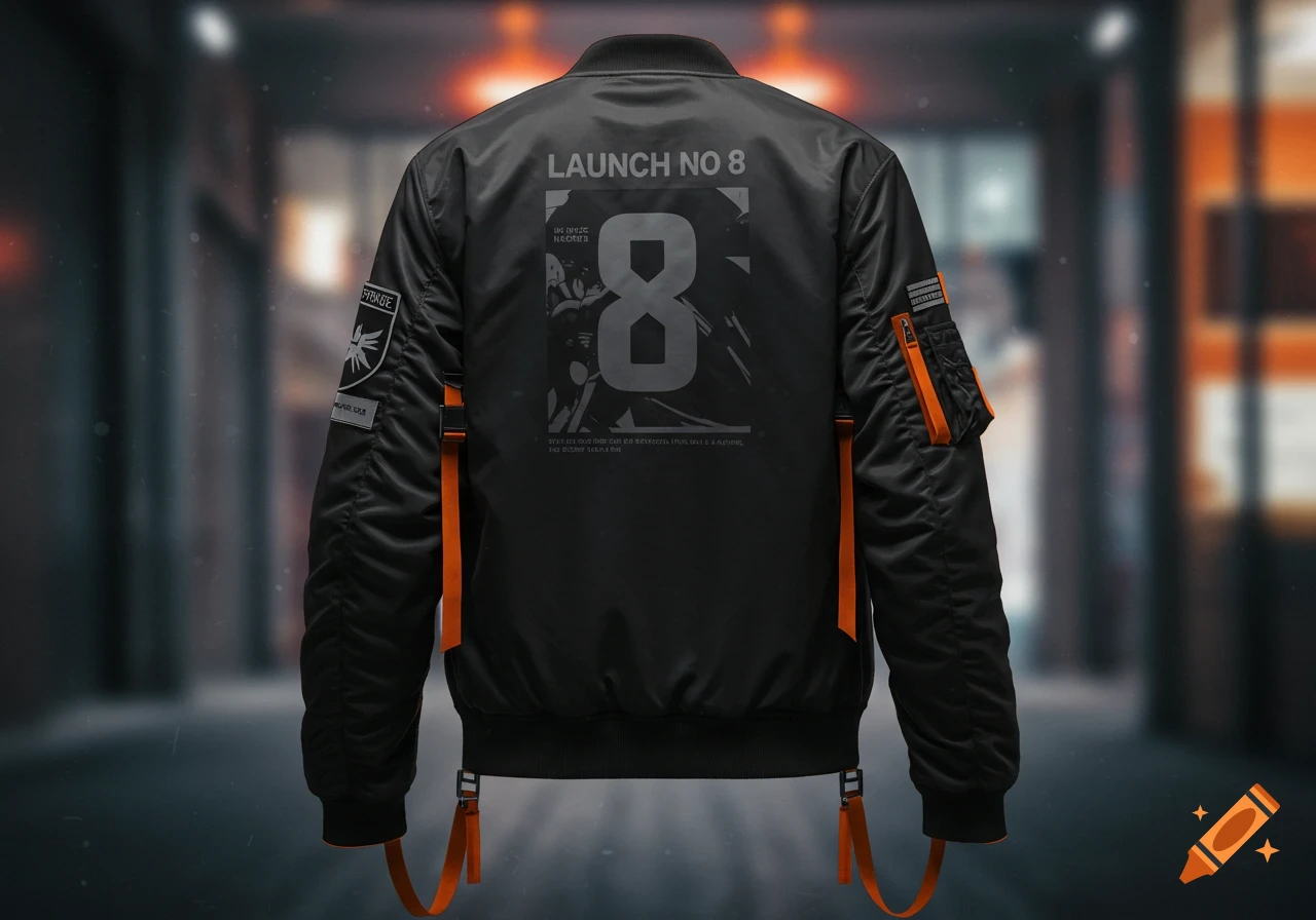 A black men's bomber jacket with orange lining and straps, featuring 'LAUNCH NO 8' text and an abstract '8' graphic on the back.