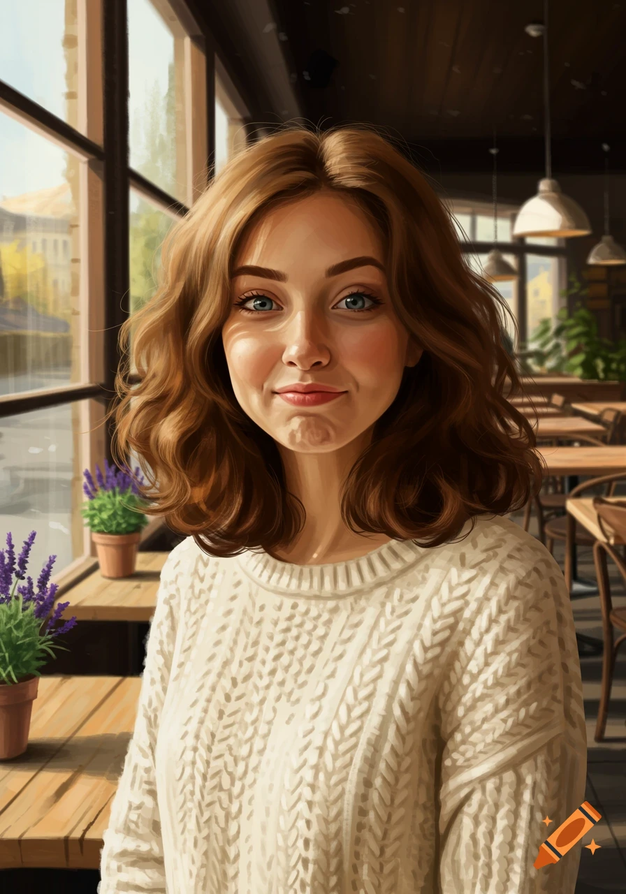 A young woman with curly brown hair puffs out her cheeks, smiling in a sunlit cafe with large windows.